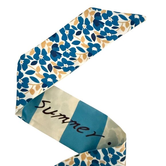 Slim Scarf Blue Floral 34in Satin Two Sided Nauticalcore Preppy No63 - Picture 15 of 16